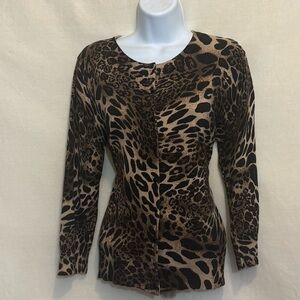 I-22 Grace Elements Animal Print Silk Blend 3/4 Sleeve Cardigan Sweater Size L